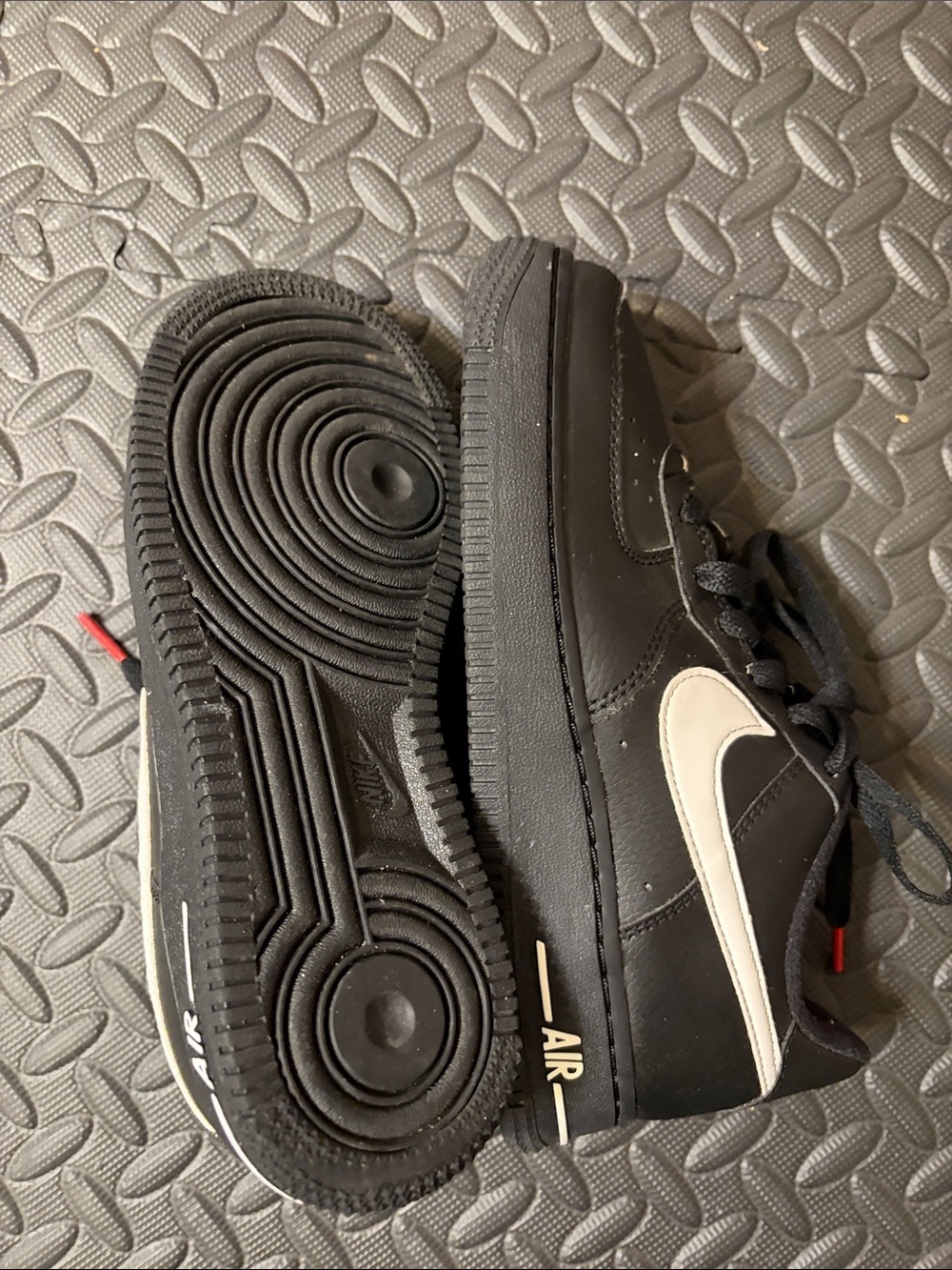 Nike Air Force 1 Low Kids Black Sneakers with White Swoosh and Red Interior - Picture 5 of 13